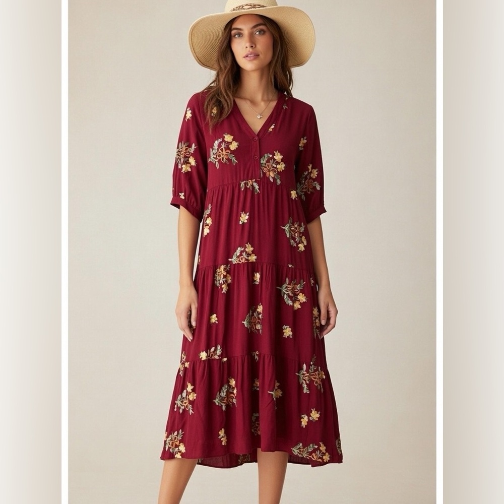 Cactus & Pearl Floral Burgundy Maxi Dress NEW